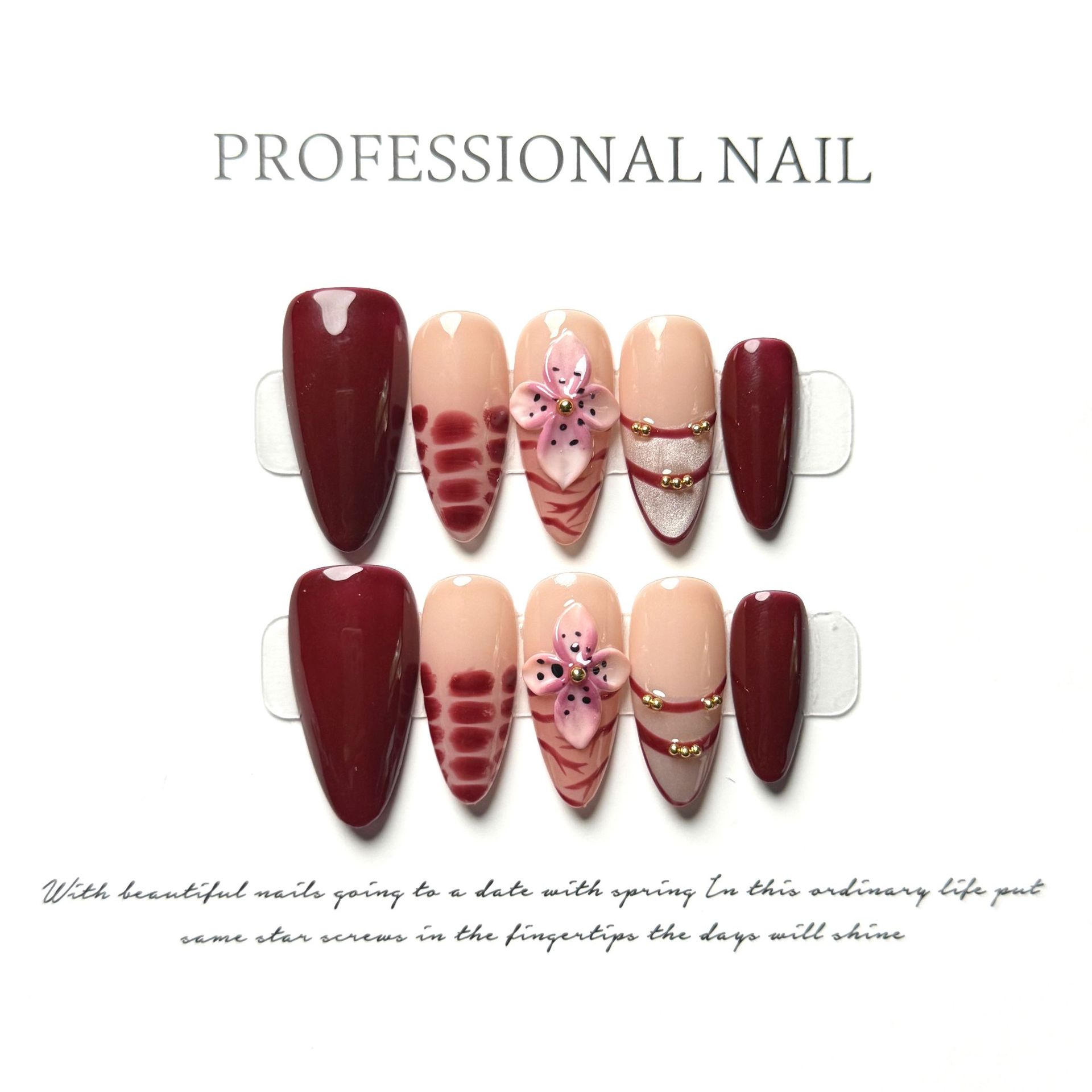 Nail Art Red Wine - 10pcs Handmade Almond Press On Nails