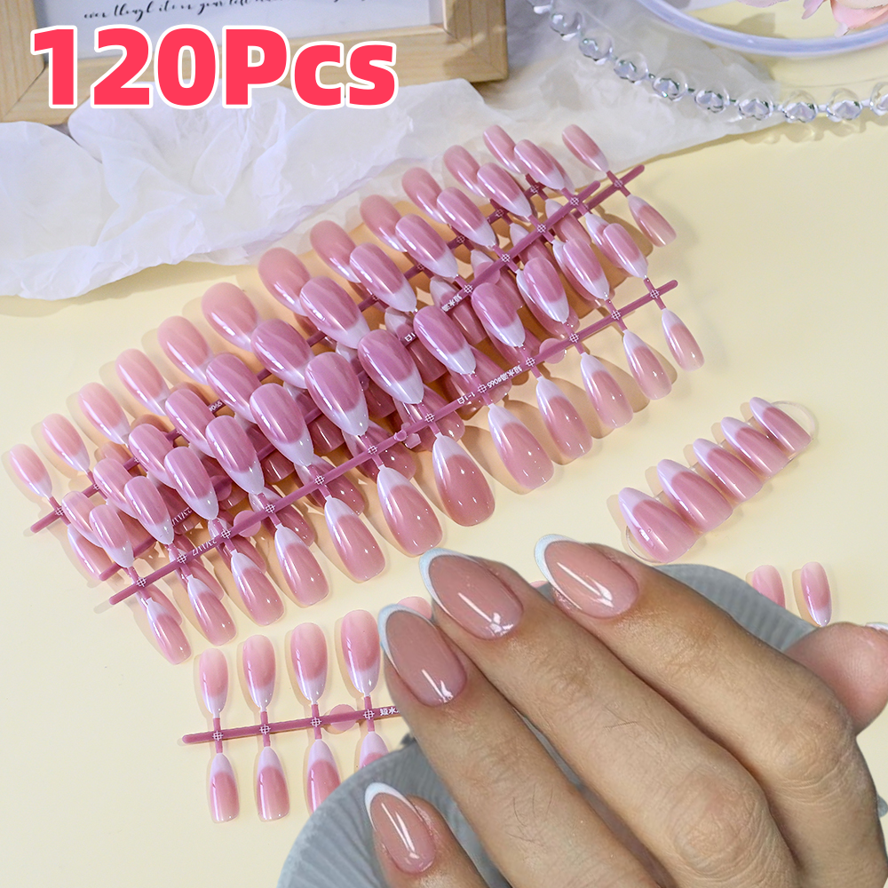 Nail Art Full Design - 120Pcs Pink French Short Almond Fake