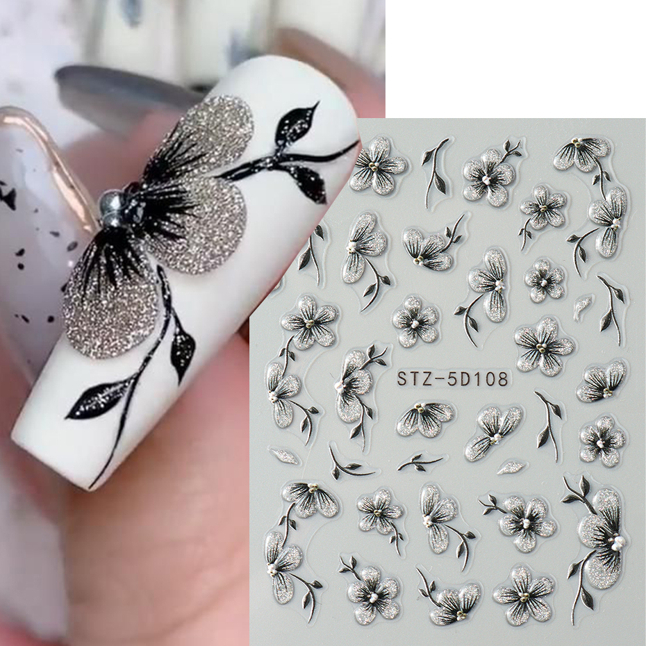 Nail Art Full Design - 5D Black Glitter Nail Stickers Watercolor