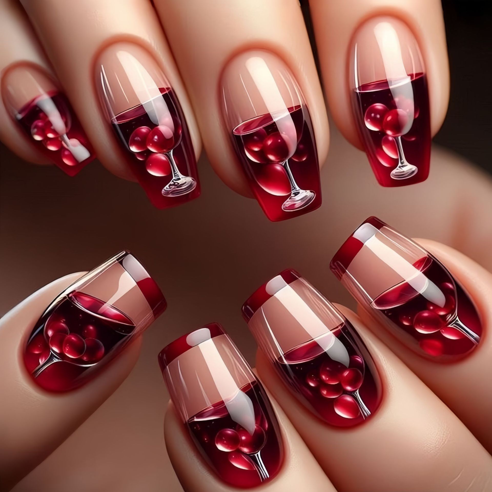 Nail Art Red Wine - Medium long fake nails for women