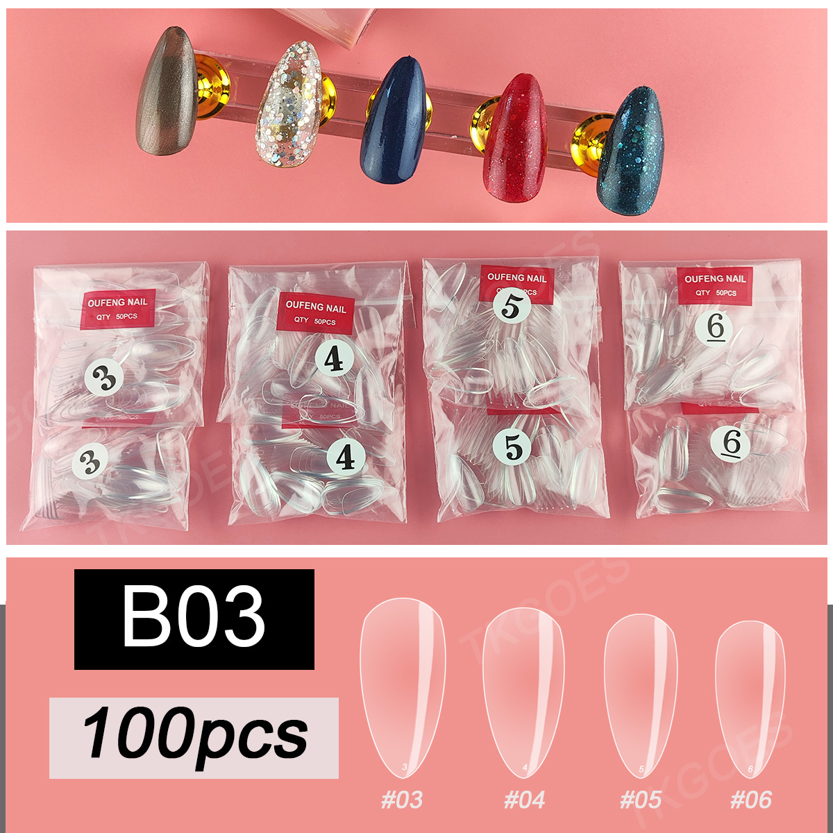 Nail Art Full Design - B03 Middle Almond Shape False Nail