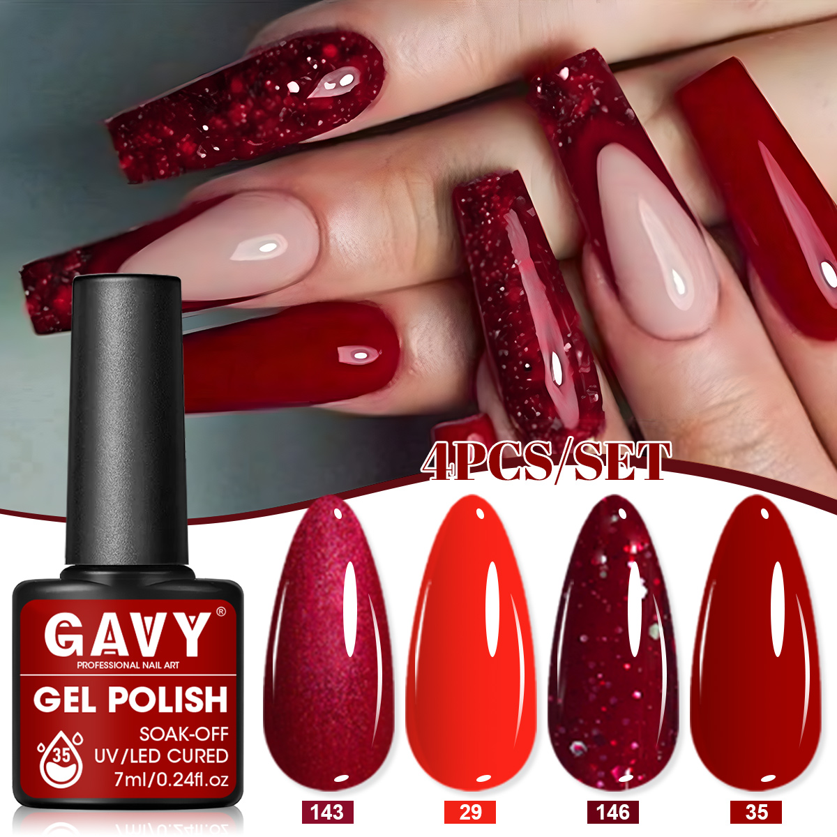 4Pcs Wine Red Solid Glitter Ge - Nail Art Red Wine ulasan dan harga