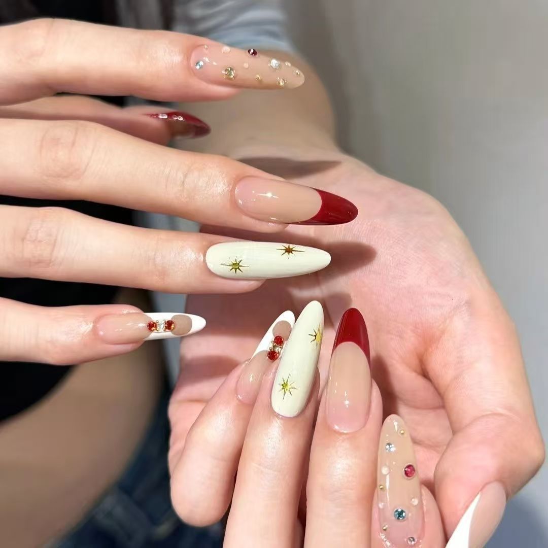 10pcs Handmade Long Oval Press - Nail Art Red Wine ulasan dan harga