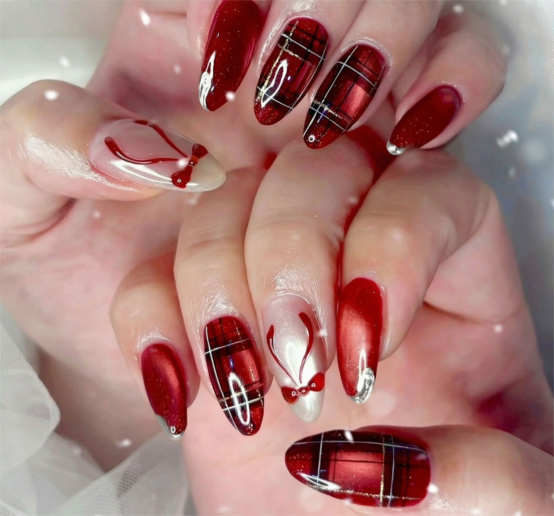 24PCS Red 3D Bow Cat Eye False - Nail Art Valentines Day ulasan dan harga