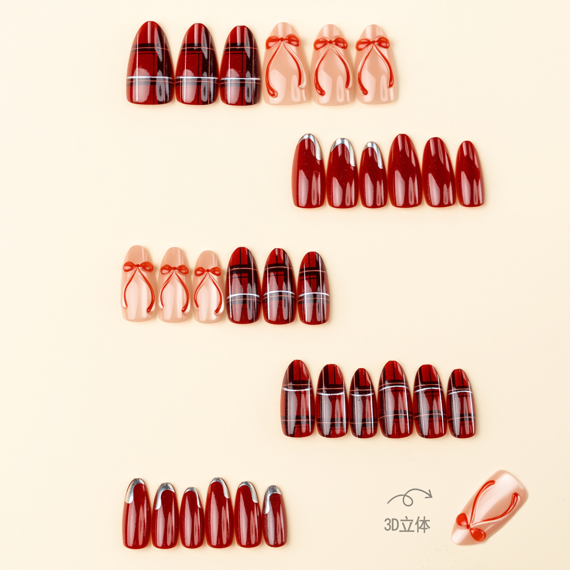 24PCS Red 3D Bow Cat Eye False - Nail Art Valentines Day ulasan dan harga