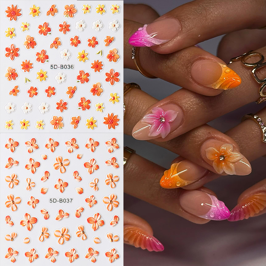 2pcs Orange Flower Nail Sticke - Nail Art Full Design ulasan dan harga