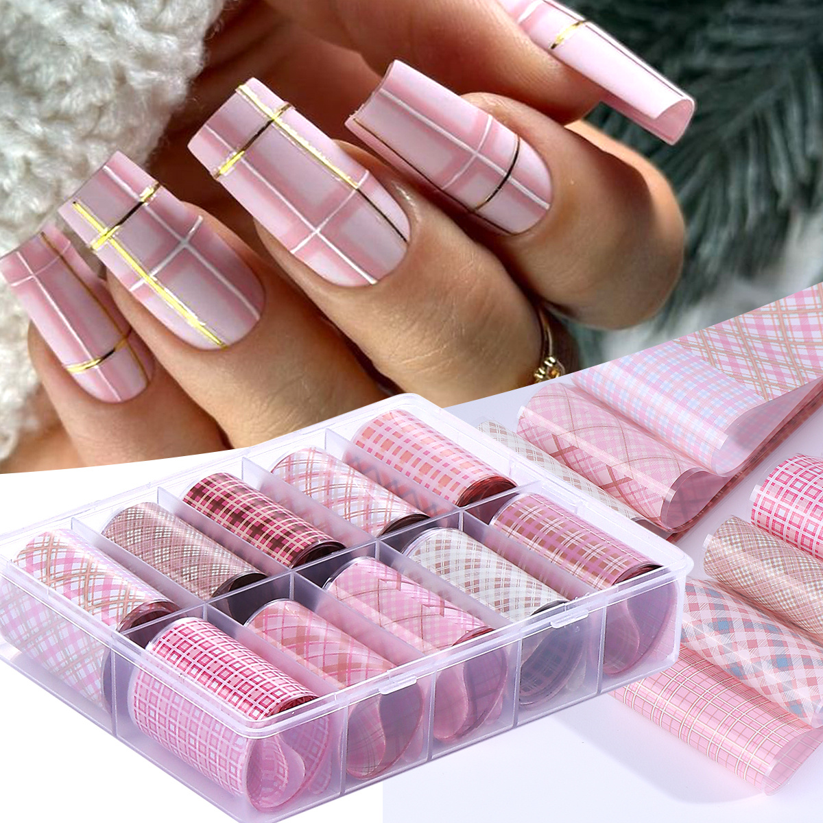 10 Rolls/Box Pink Plaid Design - Nail Art Valentines Day ulasan dan harga