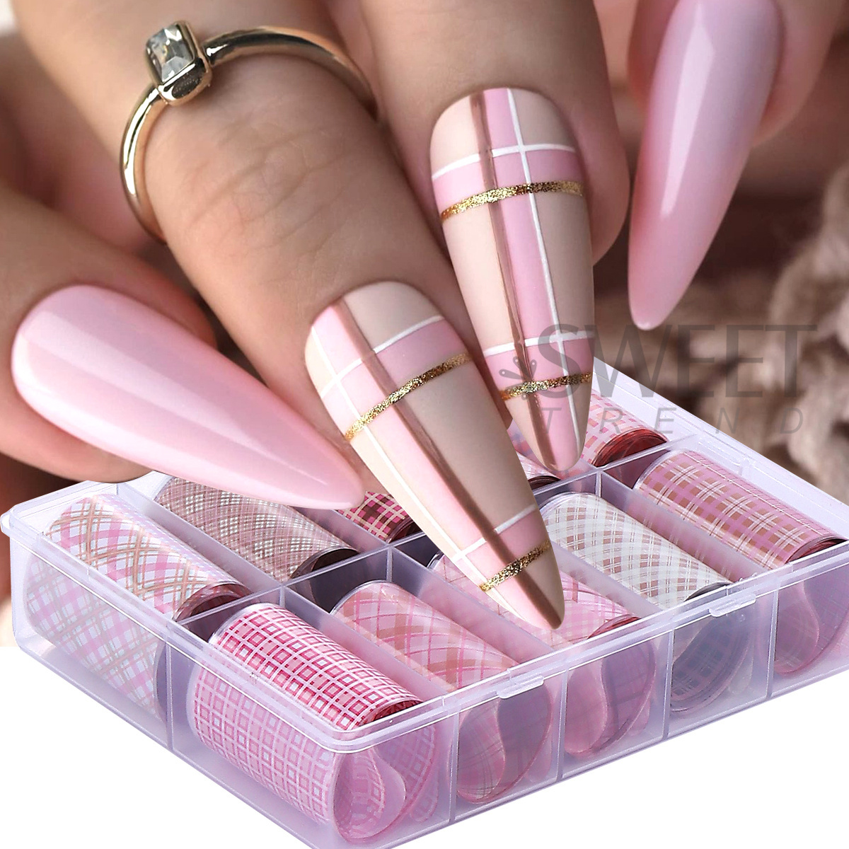 10 Rolls/Box Pink Plaid Design - Nail Art Valentines Day ulasan dan harga