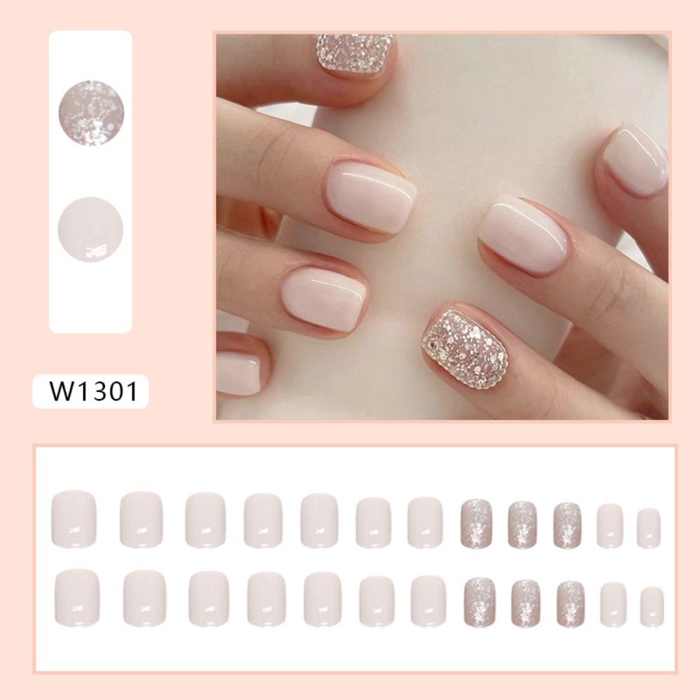 Short Square French Fake Nail  - Nail Art Full Design ulasan dan harga